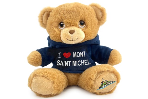 15cm Teddy "I love Mont Saint Michel" blaue Nicki-Hoodie, MSM Berg auf Fuß