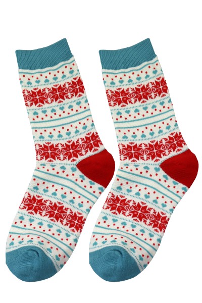 Sockenpaar weihnachtlich "Winter" Flocke, Herz rot blau,Größe: 41-46, 80%Baumwol