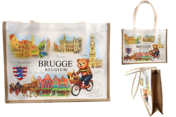 Jute Tasche "Brugge" 40*30*12cm, zweiseitig bedruckt, langer Henkel
