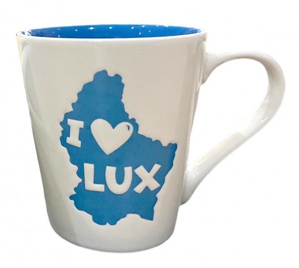 Tasse mit Gravur "I love Lux Länderkontur" blau, innen blau, Füllmenge 250ml