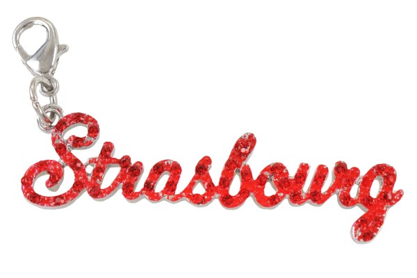 Strass Schrift "Strasbourg" rot Glitzer auf silber Metall, mit Karabinerhaken