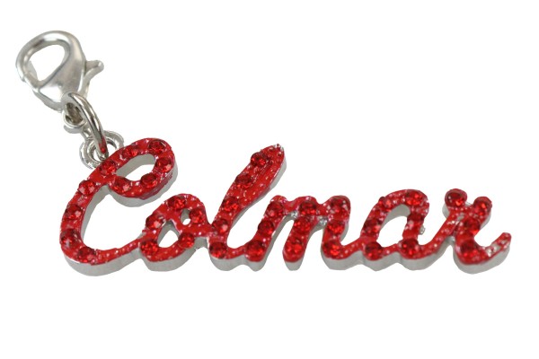 Strass Schrift "Colmar" rot Glitzer auf silber Metall, mit Karabinerhaken