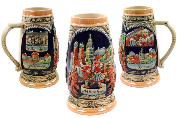Bierkrug 1,0 Liter "München", H: 19cm, Feldherrnhalle, Nymphenburg, Oktoberfest