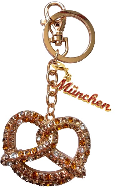 Brezel "München" Strass Schlüsselkette, Metall, gold, charm Schrift "München"
