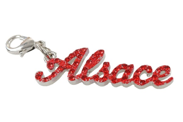 Strass Schrift "Alsace" rot Glitzer auf silber Metall, mit Karabinerhaken