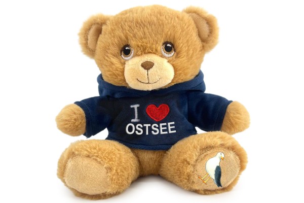 15cm Teddy "I love Ostsee" blauer Nicki-Hoodie, Möwe auf Fuß
