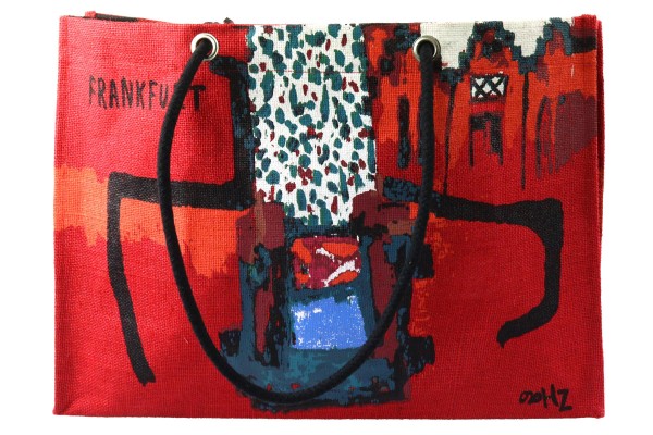 Jute Einkaufstasche "Frankfurt", 50*36*11cm, schwarze Kordel, rotes Design