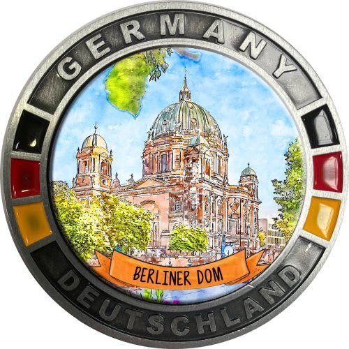 Metallmagnet GERMANY "Berlin" flach rund, Berliner Dom Skizze