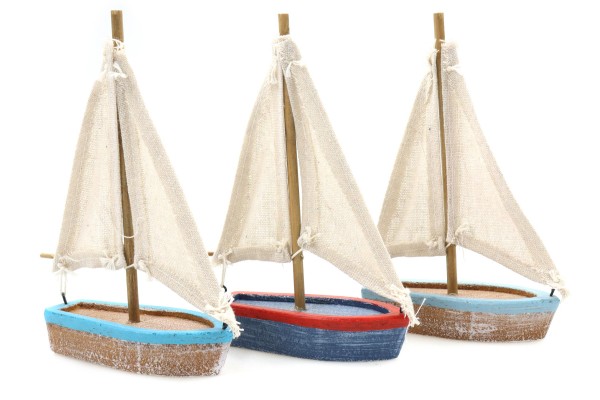 Segelboot aus Holz mit Segel aus Jute, 10*3*14cm, 3fach sortiert