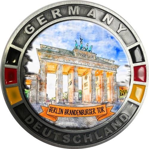 Metallmagnet GERMANY "Berlin" flach rund, Brandenburger Tor Skizze