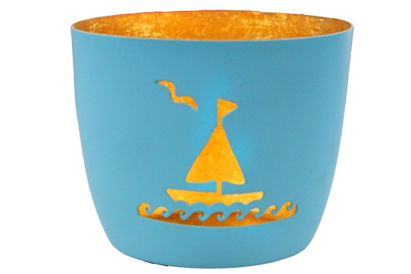 Metall Windlicht &quot;Schiff&quot; aquamarin/gold, matt 8cm