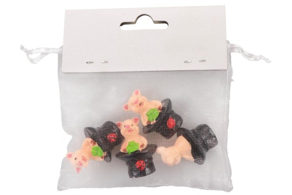 4er SET Poly Glücksschwein im Hut, H:3cm, im Organzabeutel mit Hangtag