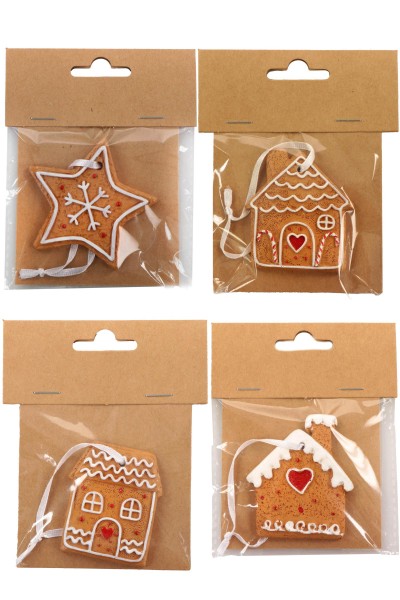 Poly Aufhänger Lebkuchen Haus, Stern, ca. 5.5cm, weißes Band, 4fach sortiert