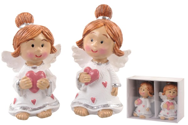 2er SET Poly Engel Kind, weißes Kleid, rosa Herz, H: 6cm, in Schachtel