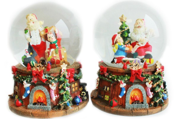 Weihnachtsspieluhr  Schneekugel mit fliegendem Rentier Nikolaus und Eisenbahn 