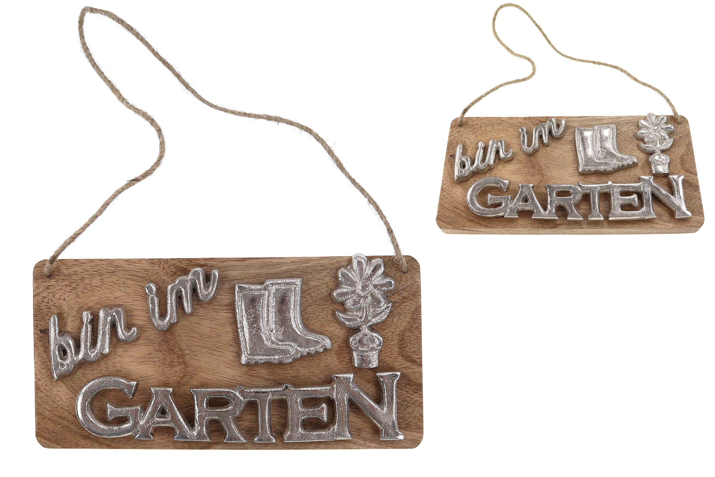 Schild "bin im GARTEN", Mangoholz + Aluminium, Kordel zum Hängen, 25*12