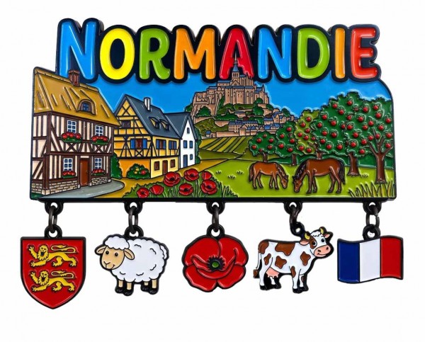 Metallmagnet "Normandie" 10x5cm, charms Wappen Schaf Mohn Kuh Flagge