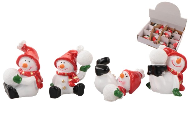 Mini Poly Schneemänner mit Weihnachtsmütze, Schneeball, H: 4cm, 4fach, Display