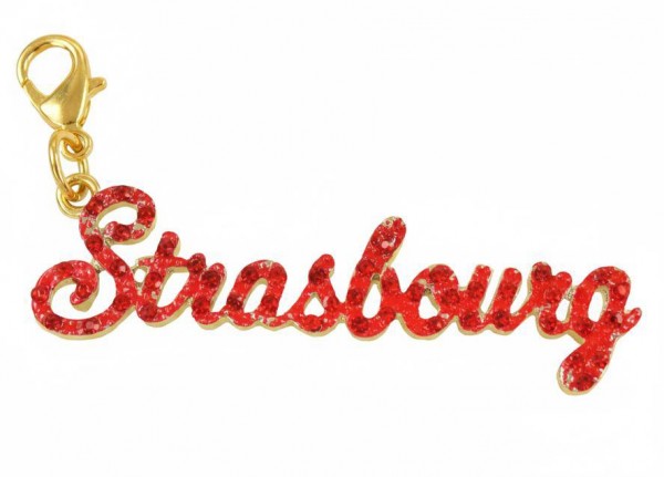 Strass Schrift "Strasbourg" rot Glitzer auf gold Metall, mit Karabinerhaken